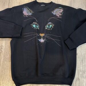 VTG 90s Cat Crewneck Pullover Sweatshirt Black‎ USA Tultex Heavyweight Women's L